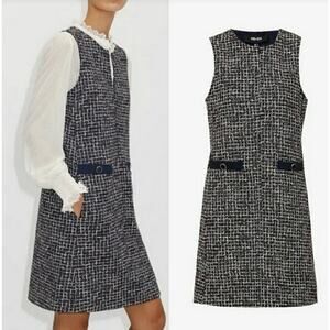 ME+EM Ponte Jacquard Tweed Shift Mini Dress Short 8 Navy Blue Office Work